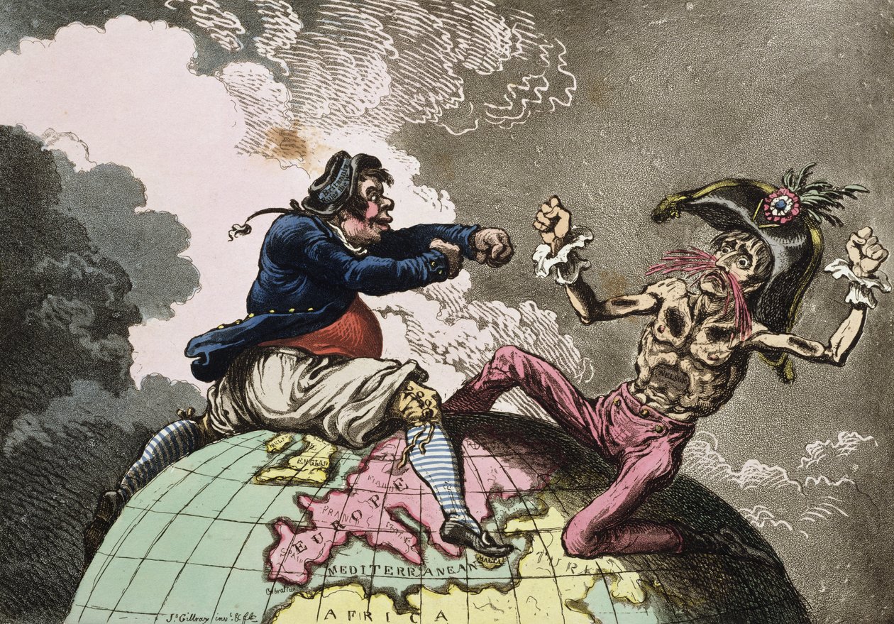Lutando pelo Dunghill, ou Jack Tar Settl&39;ing Buonaparte, publicado por Hannah Humphrey em 1798 (gravura com a aquatint) de James Gillray