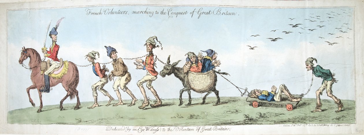 Voluntários franceses, marchando para a conquista da Grã-Bretanha, publicada por Hannah Humphrey em 1799 (gravura à mão colorida) de James Gillray