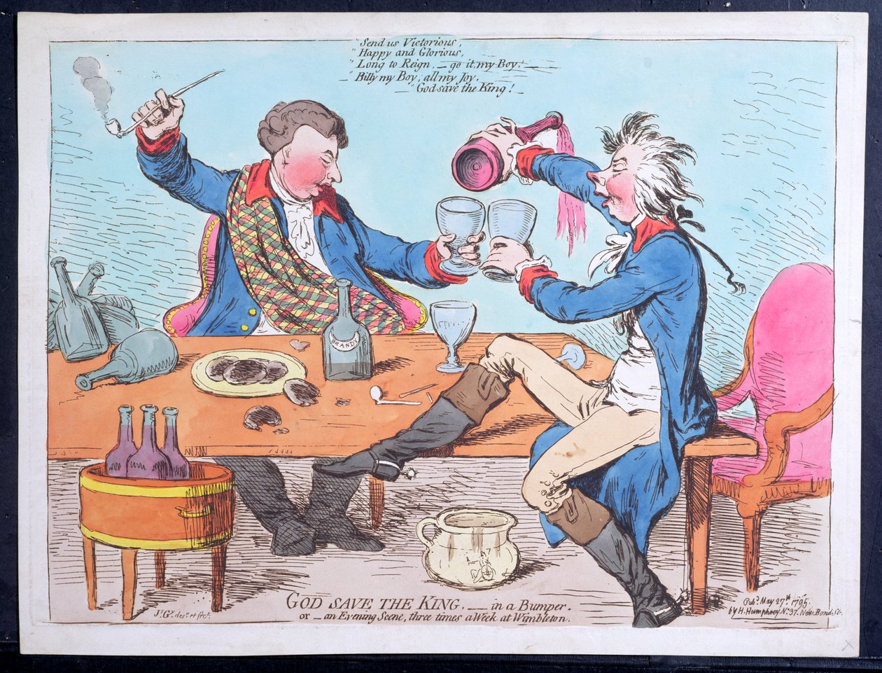 Deus Salve o Rei - em um para-choque, ou Uma Cena Noturna Três Vezes por Semana em Wimbleton, publicado por Hannah Humphrey em 1795 (gravura à mão colorida) de James Gillray