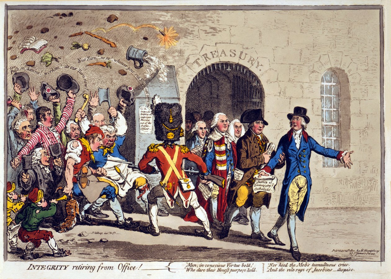 Integridade se aposentando do Office !, pub. 1801 (gravura colorida à mão) de James Gillray