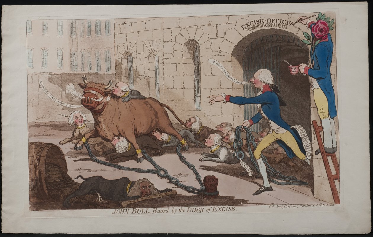 John Bull, baited pelos cães de consumo, 1790 de James Gillray
