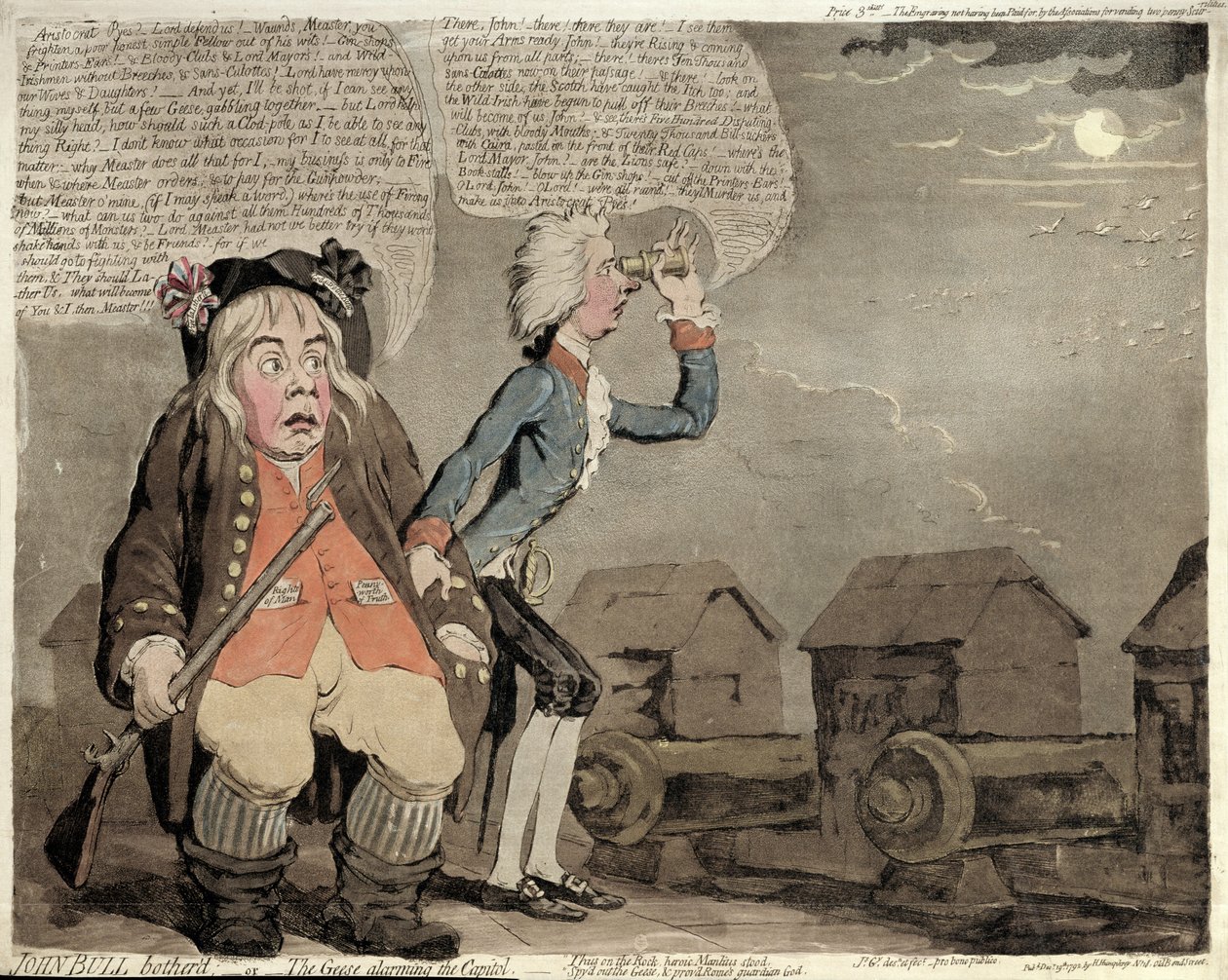 John Bull Bother&39;d, ou Os Gansos alarmando o Capitólio, publicado por Hannah Humphrey em 1792 (gravura à mão e água) de James Gillray