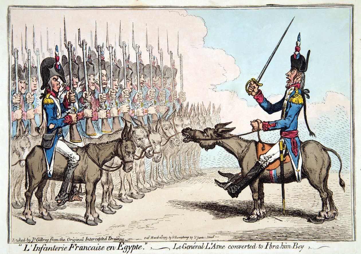 L&39;Infanterie Francaise en Egypte, ou Le General l&39;Asne convertido em Ibrahim Bey, publicado por Hannah Humphrey em 1799 (gravura à mão colorida) de James Gillray