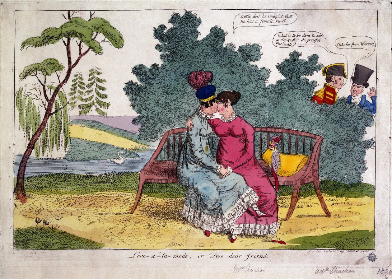 Lady Strachan e Lady Warwick fazendo amor em um parque, enquanto seus maridos olham com desaprovação de James Gillray