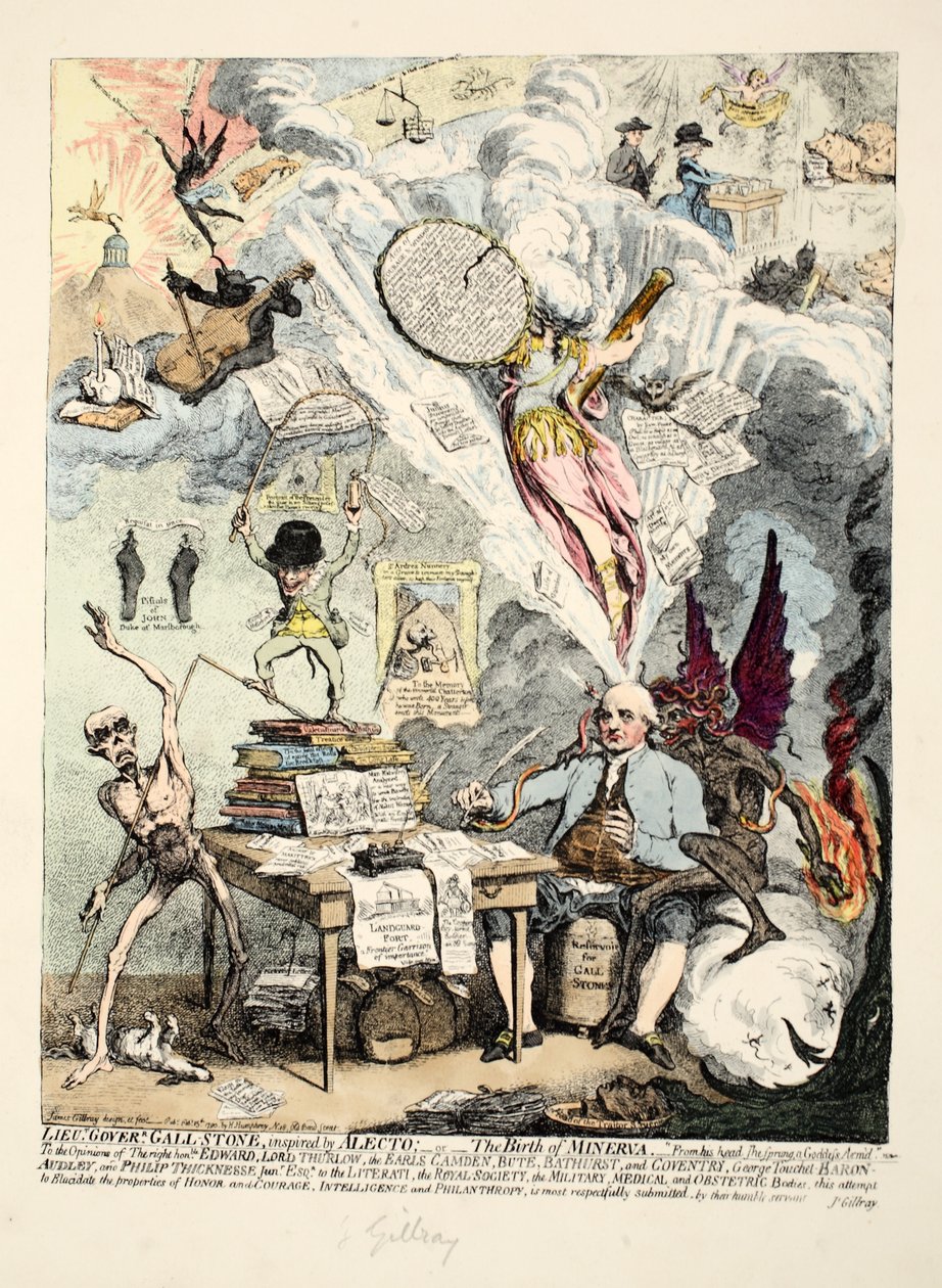 Tenente Governador Gall-Stone, inspirado em Alecto, ou The Birth of Minerva, 1790 (gravura à mão colorida) de James Gillray