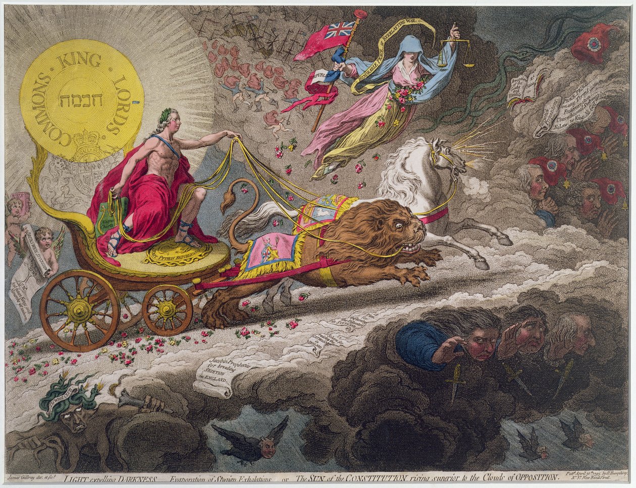 Luz Escurecendo a Escuridão - Evaporação de Exálias Estigmas, ou O Sol da Constituição subindo superior às Nuvens da Oposição, publicado por Hannah Humphrey em 1795 (gravura, gravura e de James Gillray