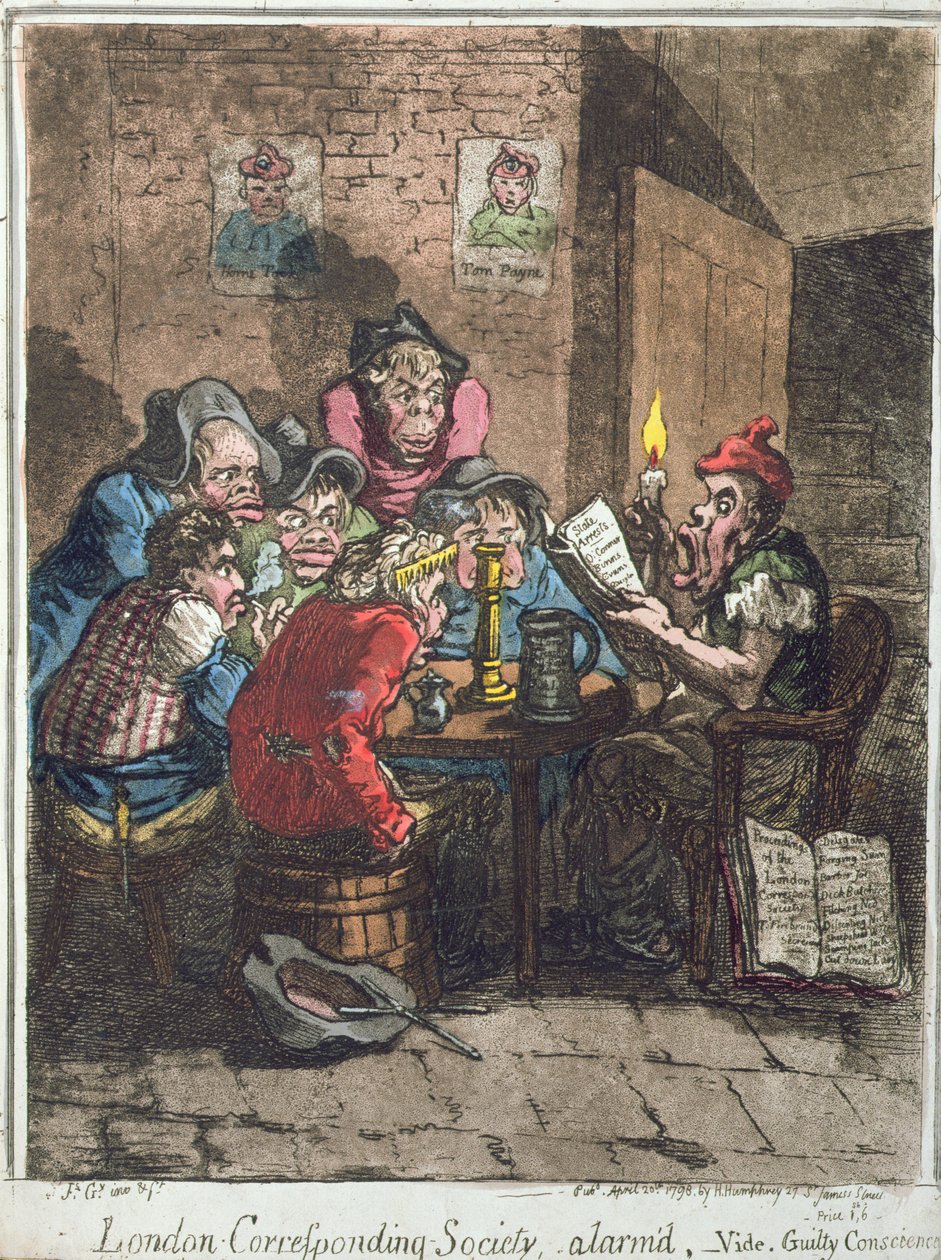 London Corresponding Society, alarm&39;d ou Guilty Conscience, publicado por Hannah Humphrey em 1798 (gravura à mão colorida e aquatint) de James Gillray