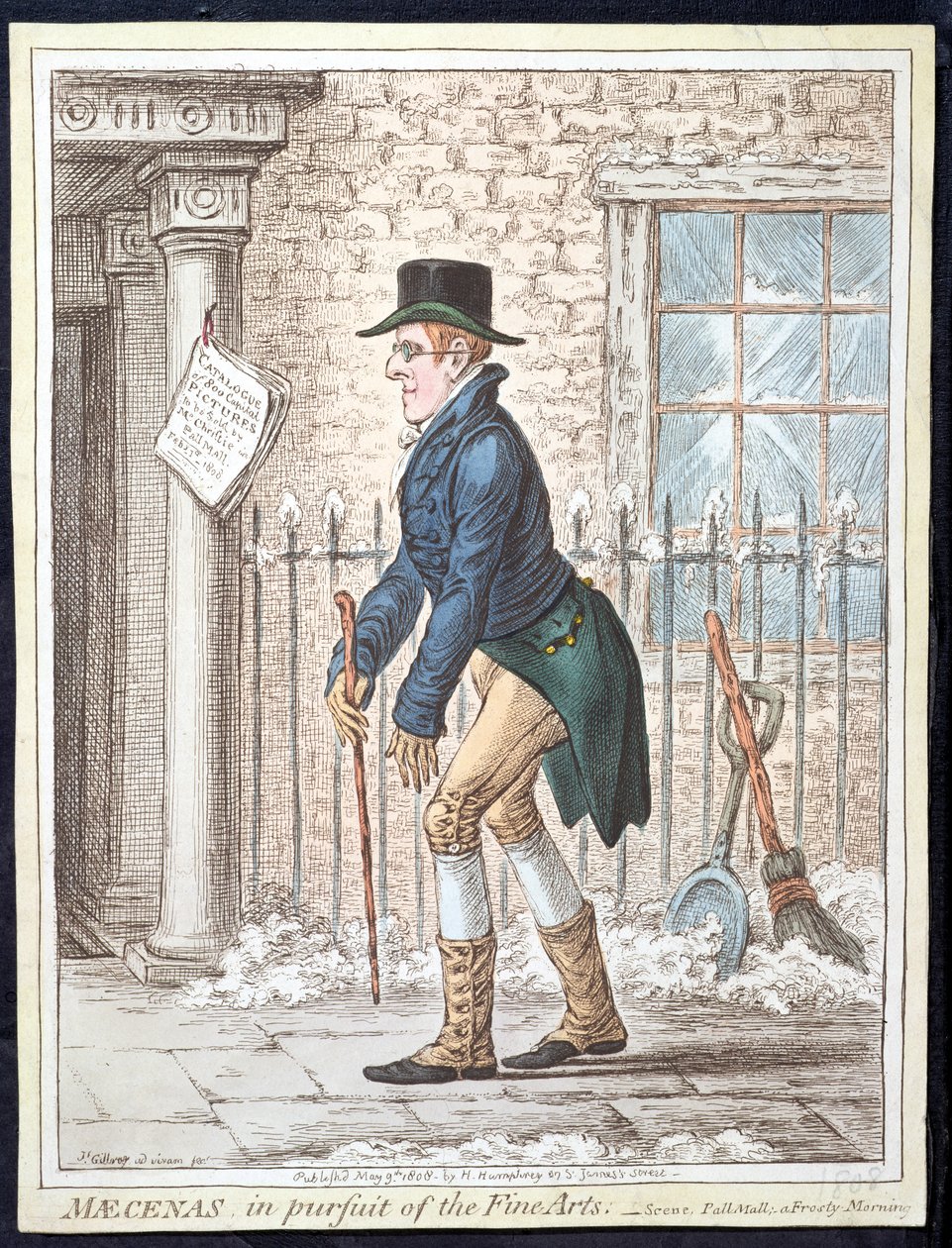 Mecenas em busca das Belas Artes, ou Cena, Pall Mall; A Frosty Morning, publicado por Hannah Humphrey em 1808 (gravura à mão colorida) de James Gillray