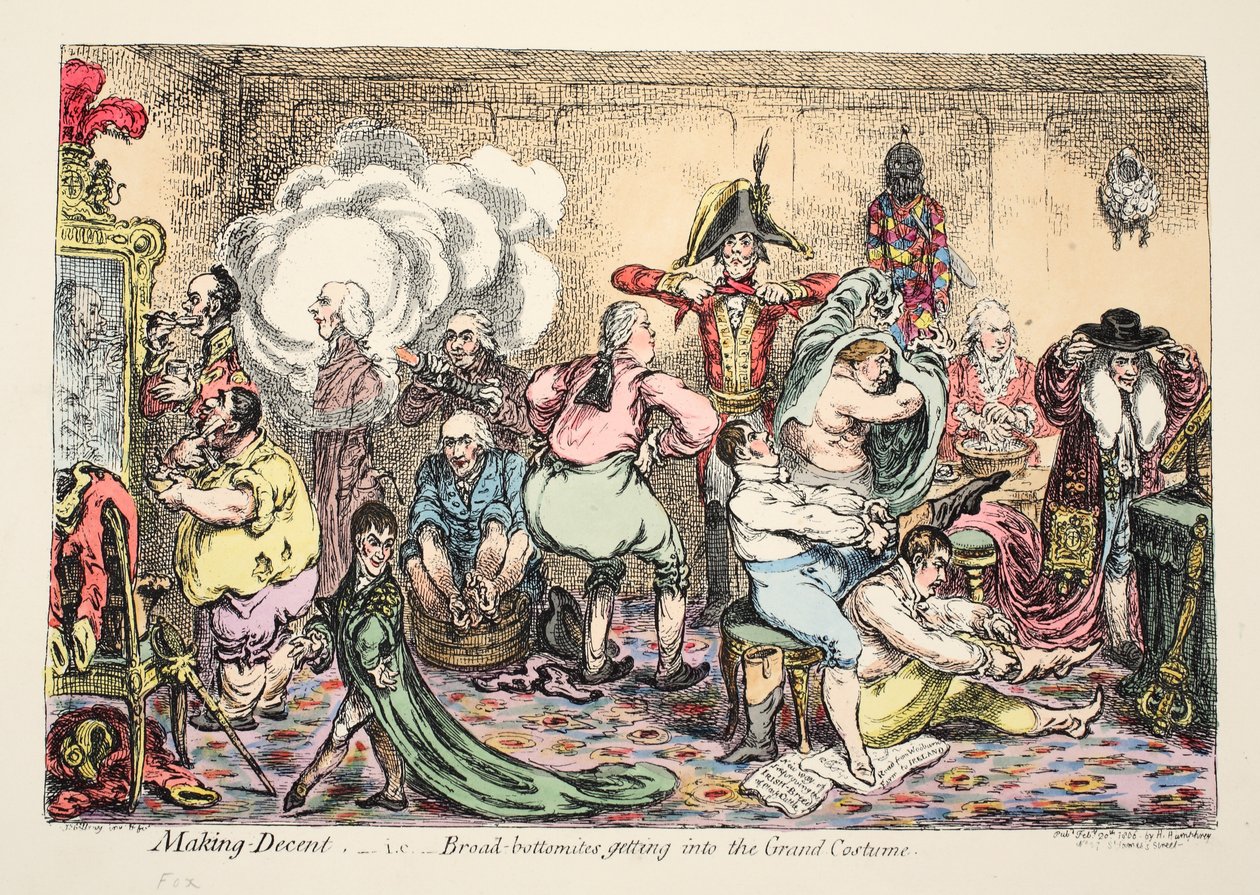Making Decent, ou seja, Bottomites Broad entrar no Grand Costume, pub. 1806 (gravura colorida à mão) de James Gillray