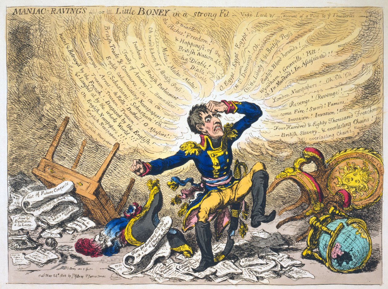 Maniac Ravings, ou Little Boney em um ajuste forte, pub.1803 (gravura colorida à mão) de James Gillray