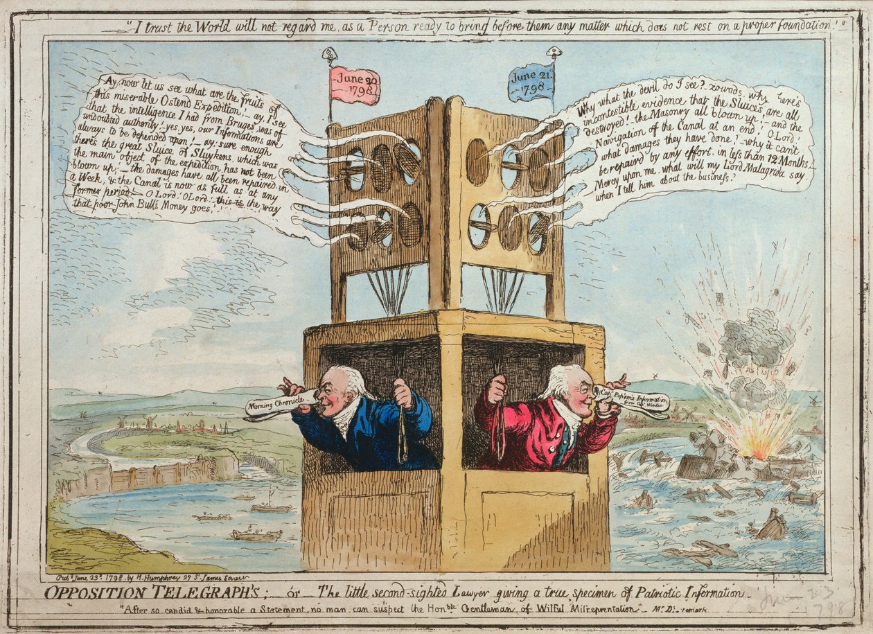 Opposition Telegraph&39;s, ou The little second sighted Advogado dando um verdadeiro espécime de Informação Patriótica, publicado por Hannah Humphrey em 1798 (gravura à mão colorida) de James Gillray