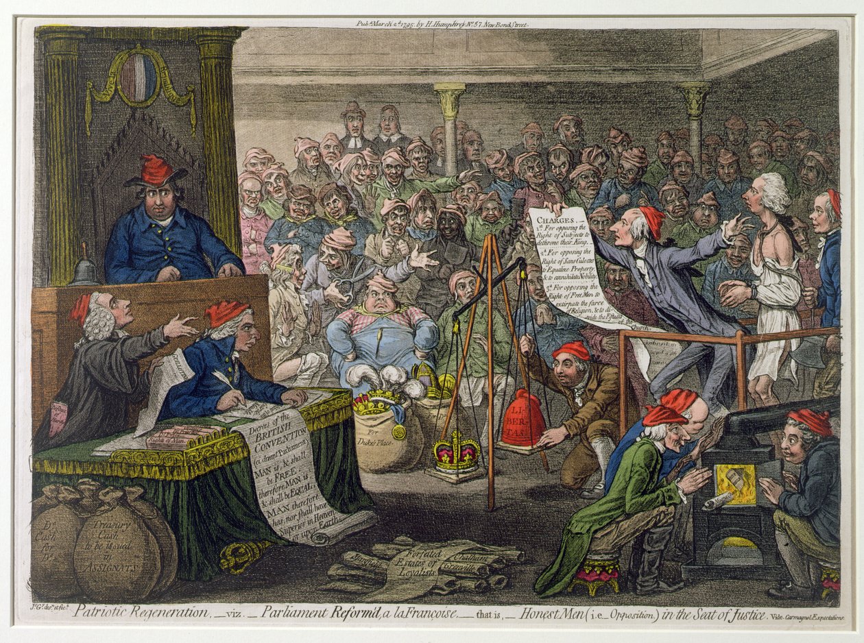 Regeneração Patriótica, -Viz.- Reform&39;d Parlamento A la Françoise, - Isso é- homens honestos (ou seja, oposição) na sede da Justiça, publicado por Hannah Humphrey em 1795 (gravura à mão colorida, engravin de James Gillray