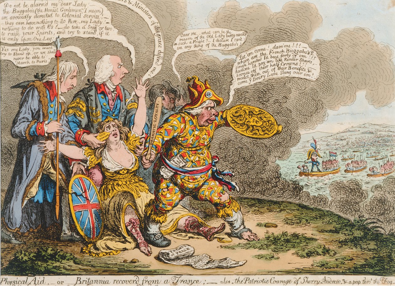 Physical Aid, ou Britannia recuperada de um transe: também, A Coragem Patriótica de Sherry Andrews e uma Peep into the Fog, publicada por Hannah Humphrey em 1803 (gravura à mão colorida) de James Gillray