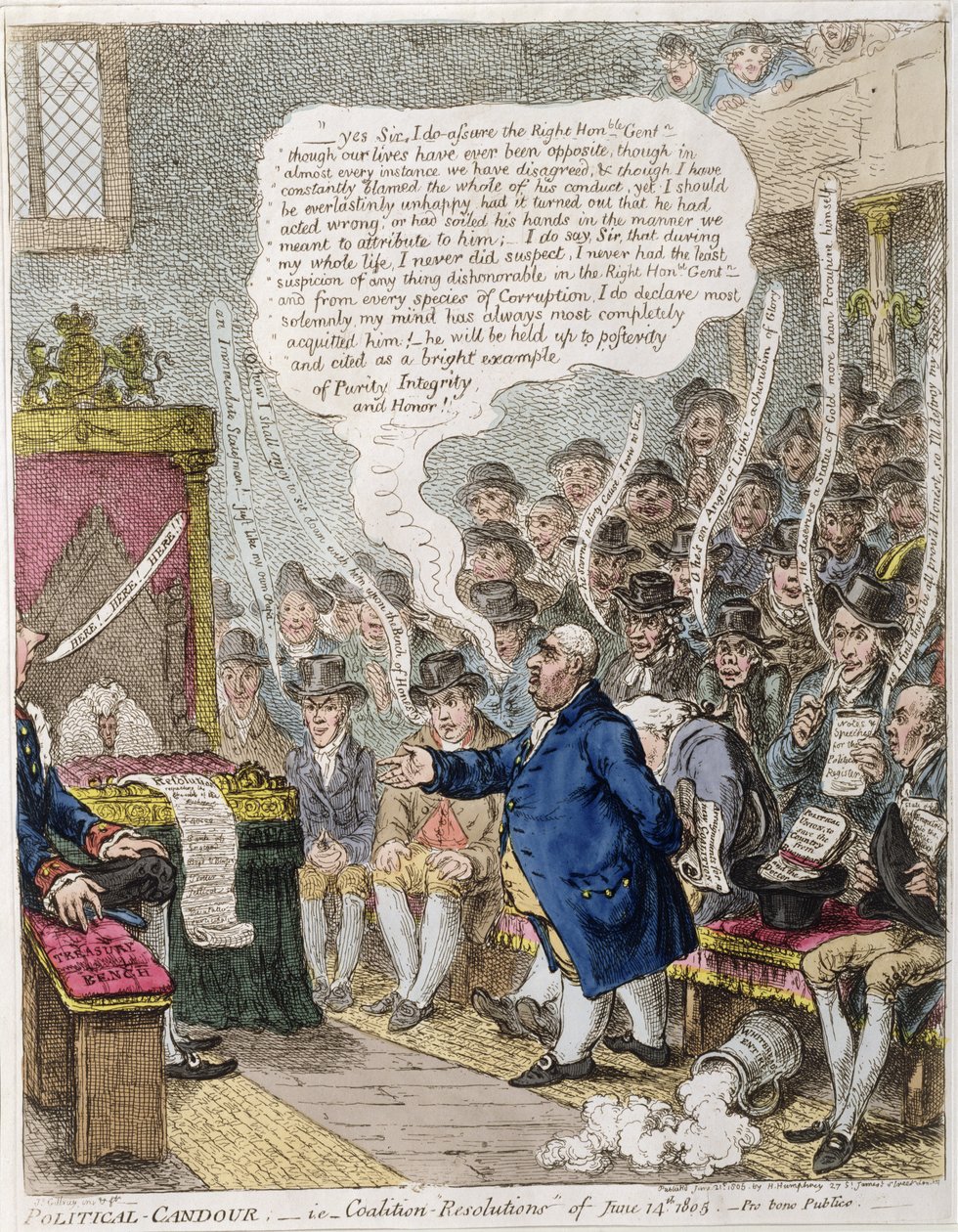 Política Candor, isto é, "Resoluções" da Coalizão de 14 de junho de 1805. Pro Bono Público, publicado por Hannah Humphrey em 1805 (gravura à mão colorida) de James Gillray