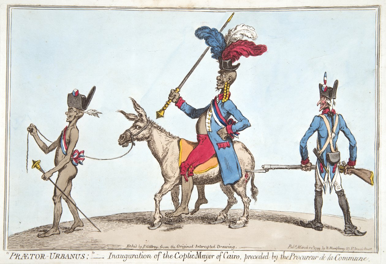 Praetor Urbanus &39;- Inauguração do prefeito copta do Cairo, precedido pelo Procureur de la Commune, publicado por Hannah Humphrey em 1799 (gravura colorida à mão) de James Gillray