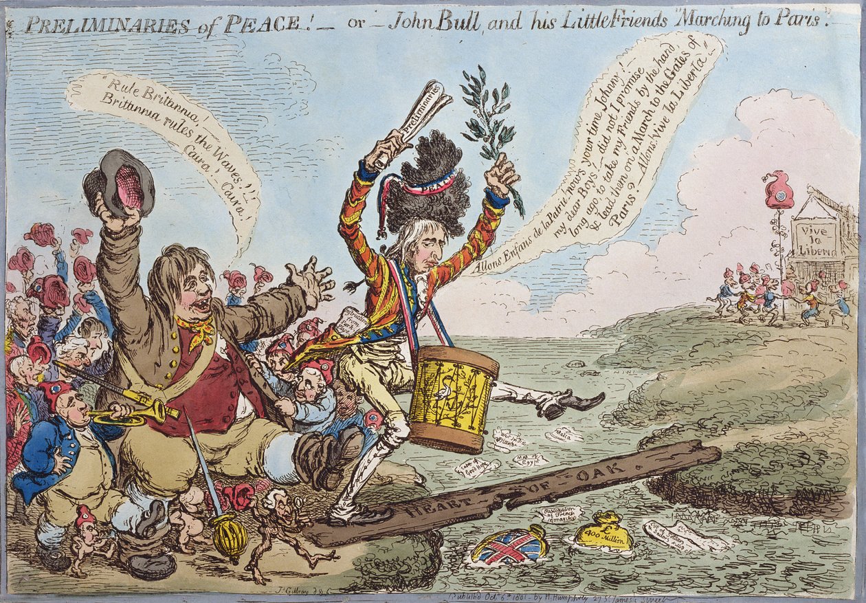 Preliminares da paz, ou John Bull e seus pequenos amigos marchando para Paris, publicado por Hannah Humphrey em 1801 (gravura à mão colorida) de James Gillray