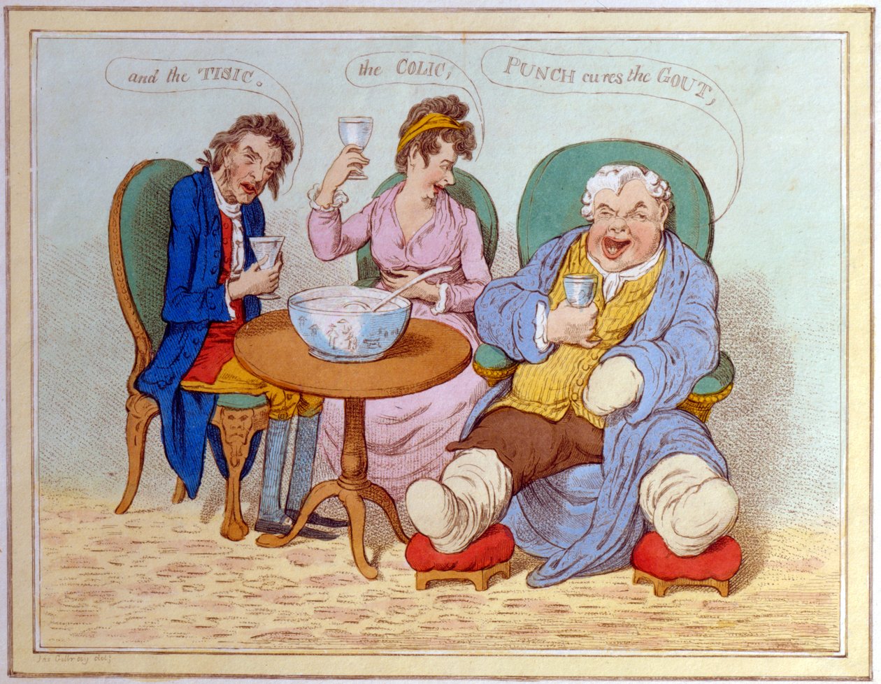 Punch Cura a Gota, a Cólica e a Tisic (gravura colorida) de James Gillray
