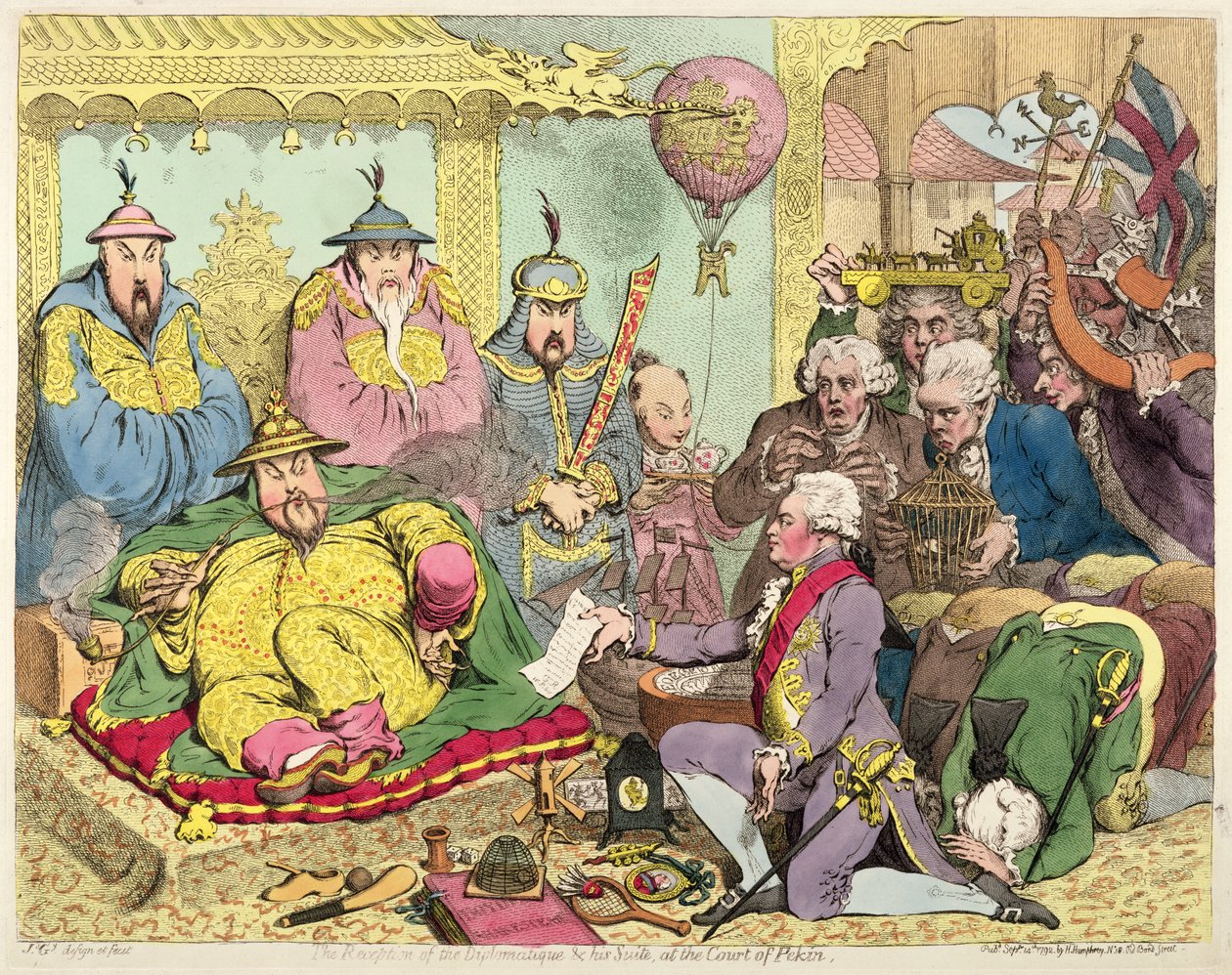 Recepção do Diplomatique e sua Suite no Tribunal de Pekin, c.1793 (gravura a cores) de James Gillray