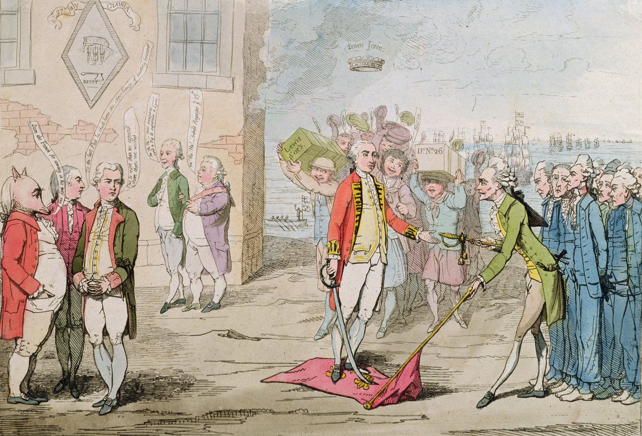 Rodney Triunfante, ou Almirante Lee-Shore in the Dumps, 1782 (gravura à mão colorida) de James Gillray