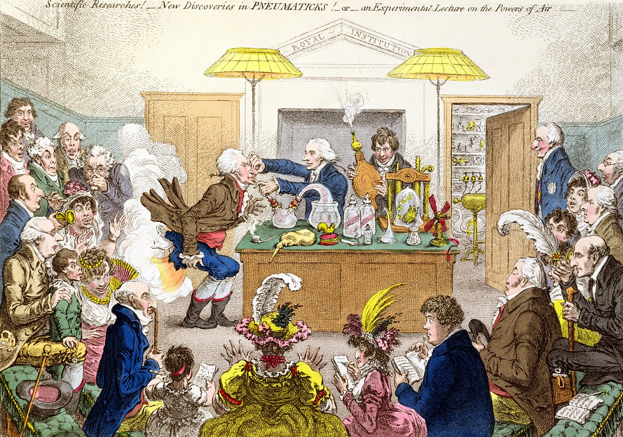 Pesquisas Científicas! Novas descobertas em PNEUMATICKS! ou Uma Palestra Experimental sobre os Poderes do Ar, desenho de uma palestra na Royal Institution demonstrando os efeitos do gás do riso (nitro de James Gillray