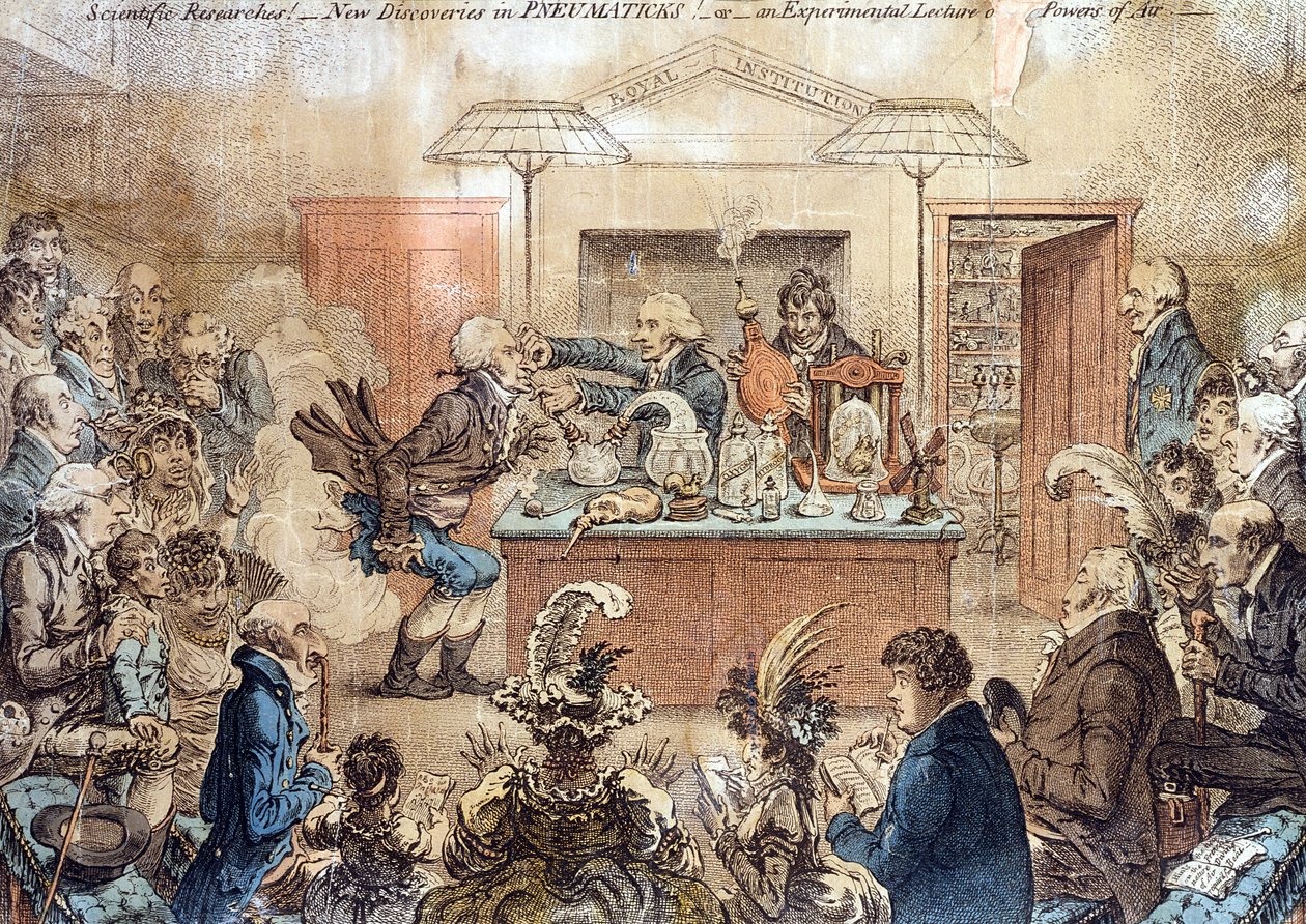 Pesquisas Científicas! Novas descobertas em PNEUMATICKS! ou Uma Palestra Experimental sobre os Poderes do Ar, desenho de uma palestra na Royal Institution demonstrando os efeitos do gás do riso (nitro de James Gillray