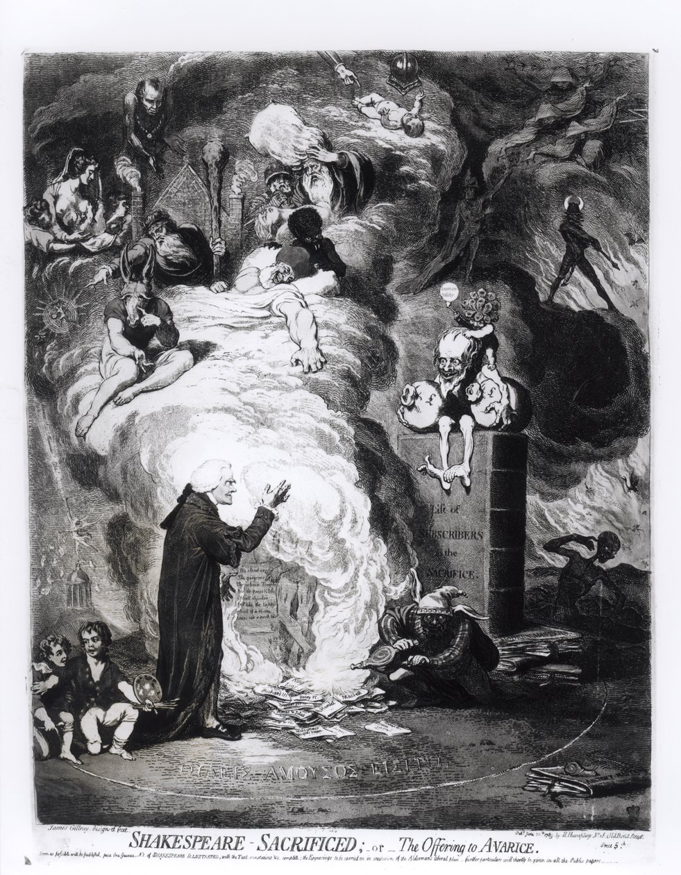 Shakespeare Sacrificado, ou A Oferenda à Avareza, publicado em 1789 de James Gillray