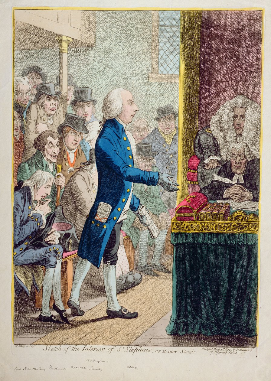 Esboço do interior de St. Stephen, como está agora, publicado por Hannah Humphrey em 1802 (gravura à mão colorida com gravura) de James Gillray