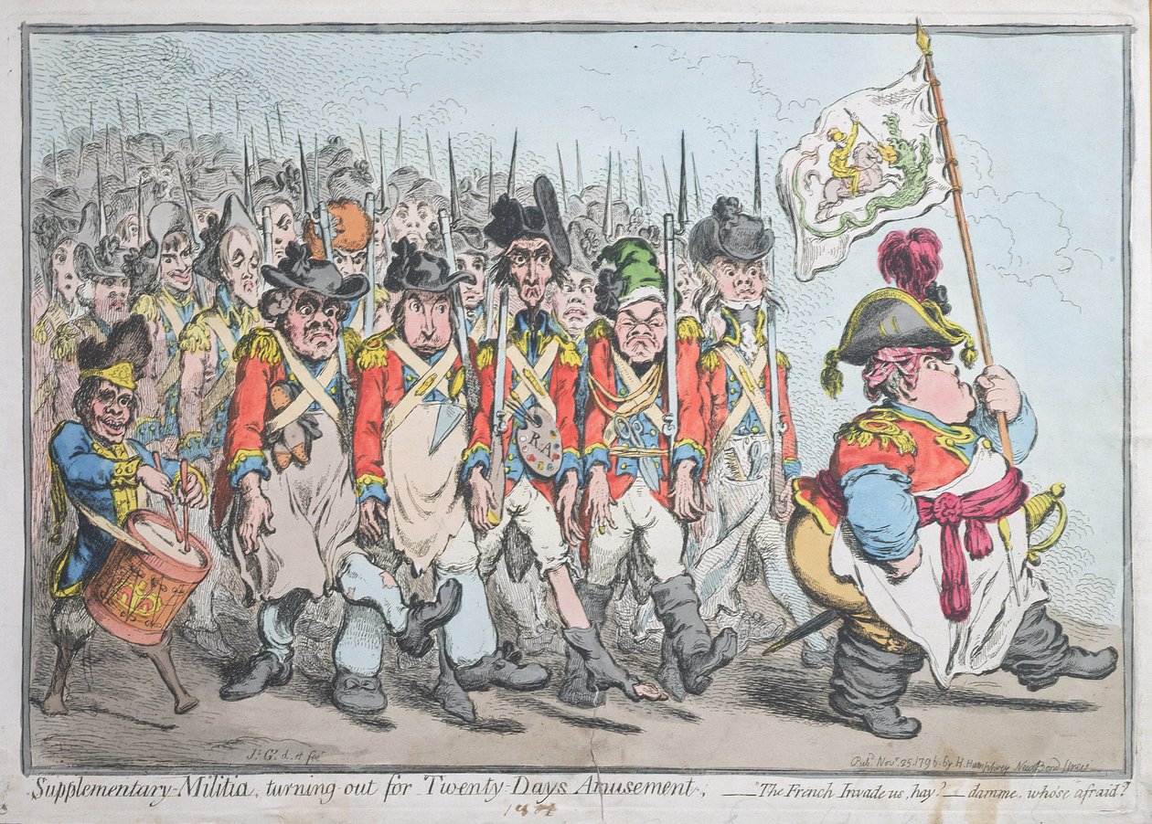 Milícia suplementar que se transforma em diversão de vinte dias, ou Os franceses nos invadem, hay damme, que tem medo publicado por Hannah Humphrey em 1796 (gravura à mão colorida) de James Gillray