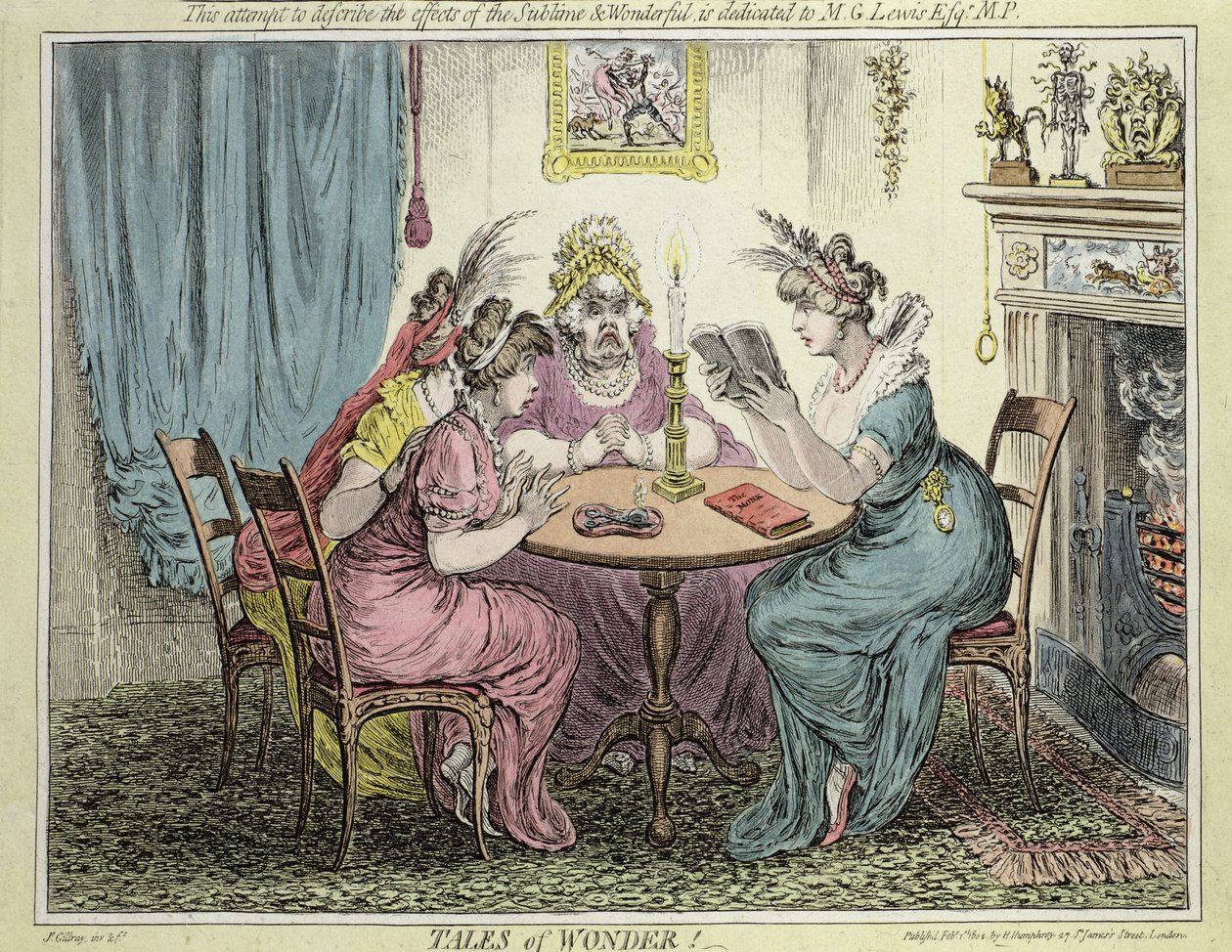 &39;Tales of Wonder - Esta tentativa de descrever os efeitos do sublime e maravilhoso é dedicada a MG Lewis Esq&39;, ilustração publicada em 1802 de James Gillray