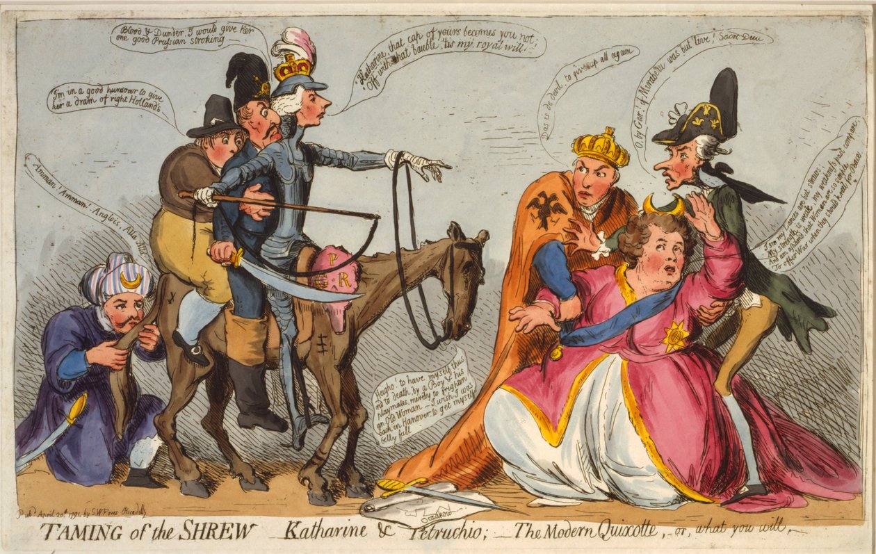 Domesticação do Shrew, Katharine e Petruchio, The Modern Quixotte ou o que você vai, 1791 (gravura à mão colorida) de James Gillray
