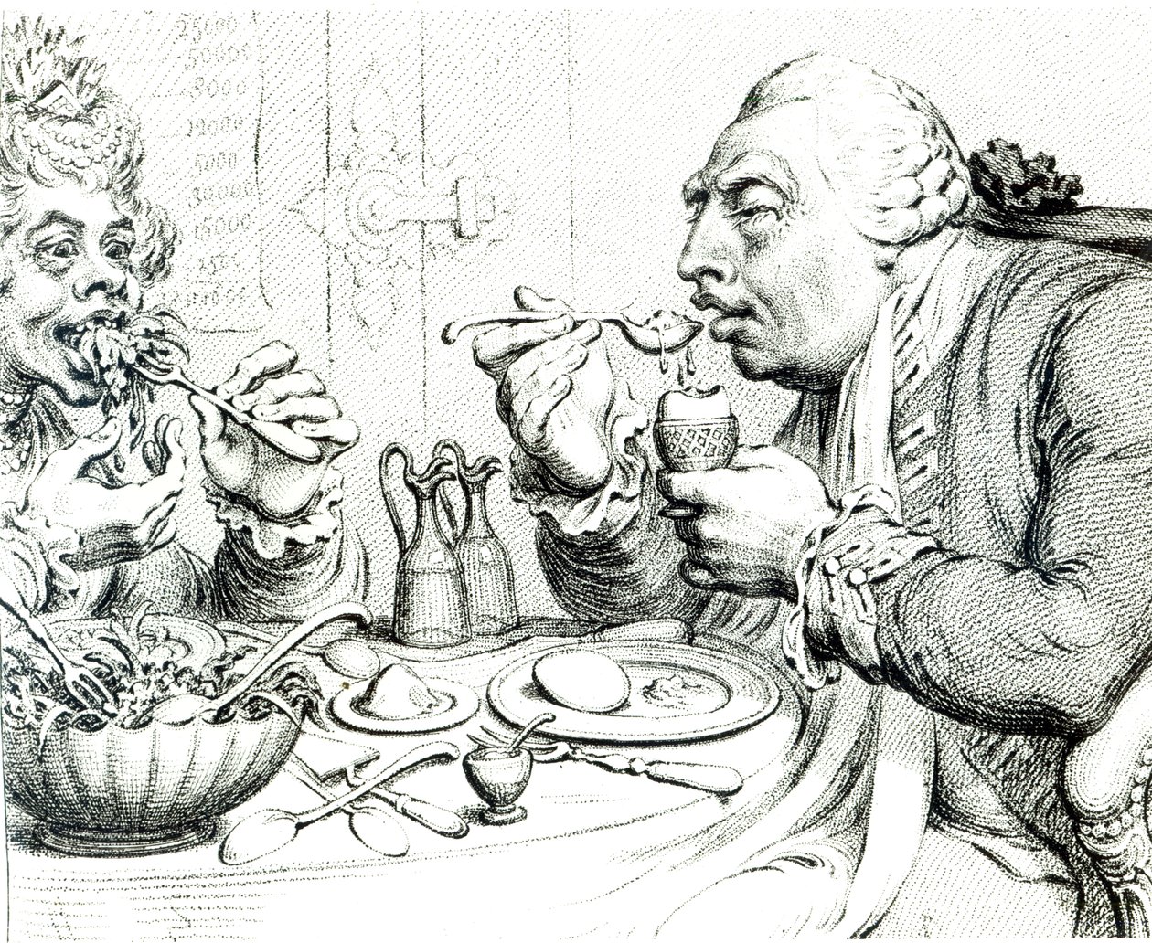 Temperance Enjoying a Frugal Meal, caricatura de George III e Queen Charlotte (bw print) de James Gillray