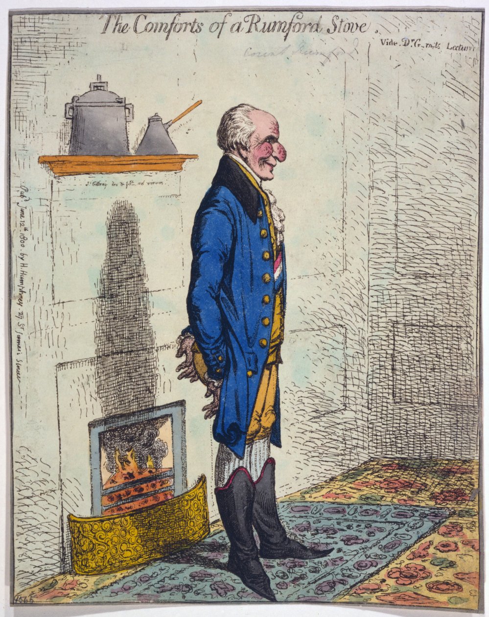 Os confortos de um fogão de Rumford, bar. 1800 (gravura colorida à mão) de James Gillray