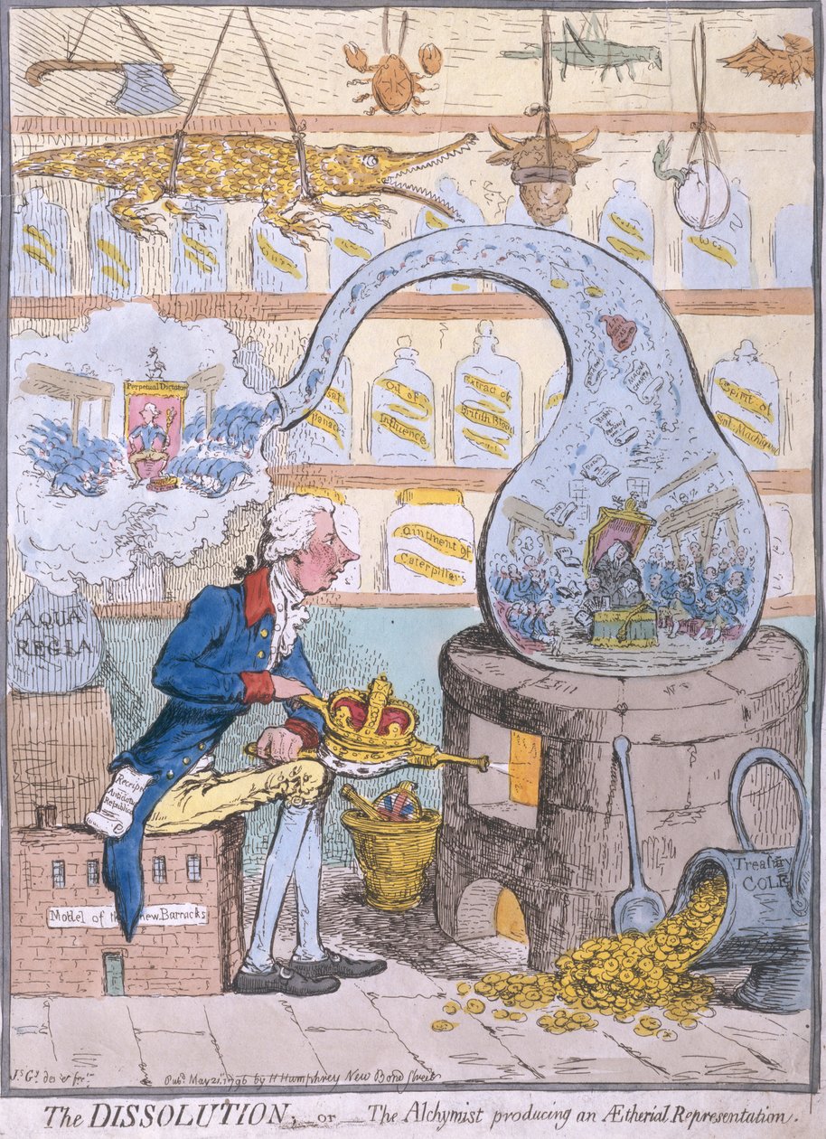 A Dissolução, ou o Alchymist produzindo uma representação etérea, publicada por Hannah Humphrey em 1796 (gravura à mão colorida) de James Gillray