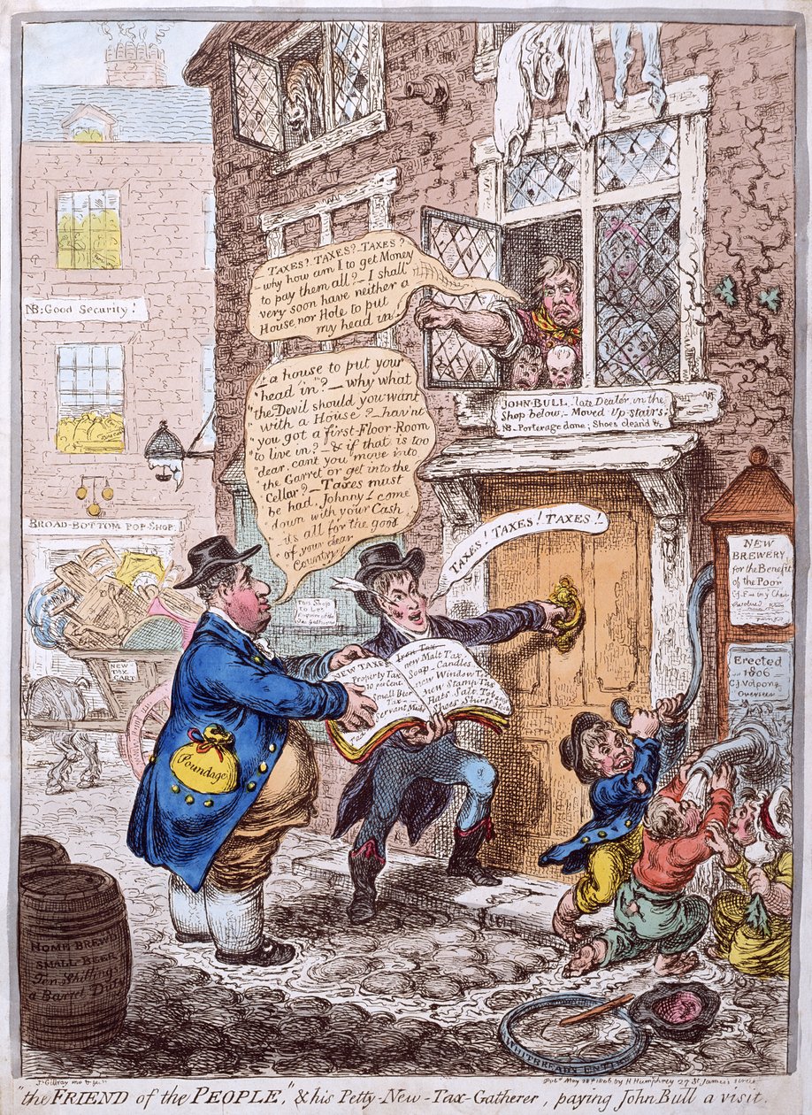 "O Amigo do Povo" e seu Petty New Tax Collather, fazendo uma visita a John Bull, publicada por Hannah Humphrey em 1806 (gravura à mão colorida) de James Gillray