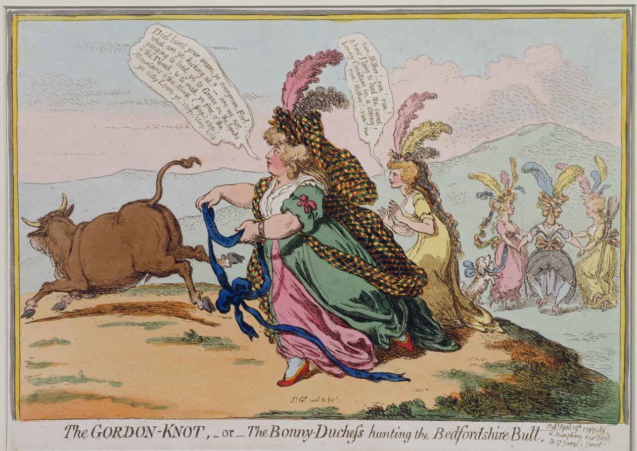 O Gordon-Knot, ou A Duquesa Bonny caçando o Touro Bedford, publicado por Hannah Humphrey em 1797 (gravura à mão colorida) de James Gillray