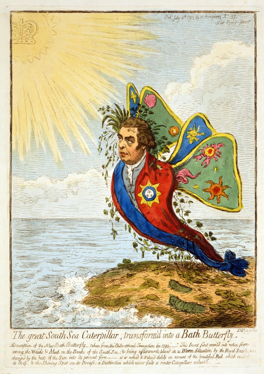 A Grande Lagarta do Mar do Sul, transformada em uma Borboleta de Banho, 1795 (gravura colorida à mão) de James Gillray