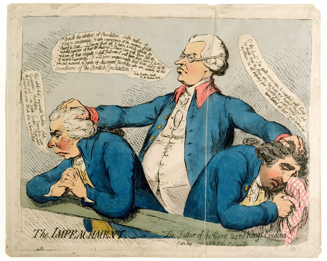 O impeachment, ou "O pai da gangue virou a evidência do rei", publicado por SW Fores em 1791 (gravura colorida à mão) de James Gillray