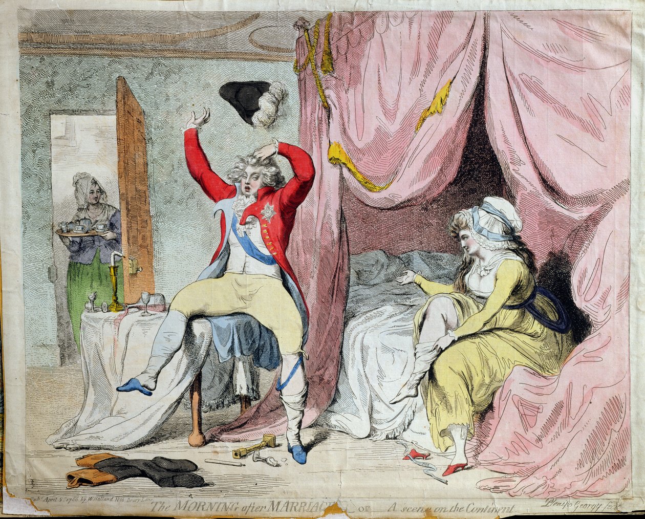 A manhã após o casamento, ou Uma cena no continente, publicada por W, Holanda em 1788 (gravura à mão colorida) de James Gillray