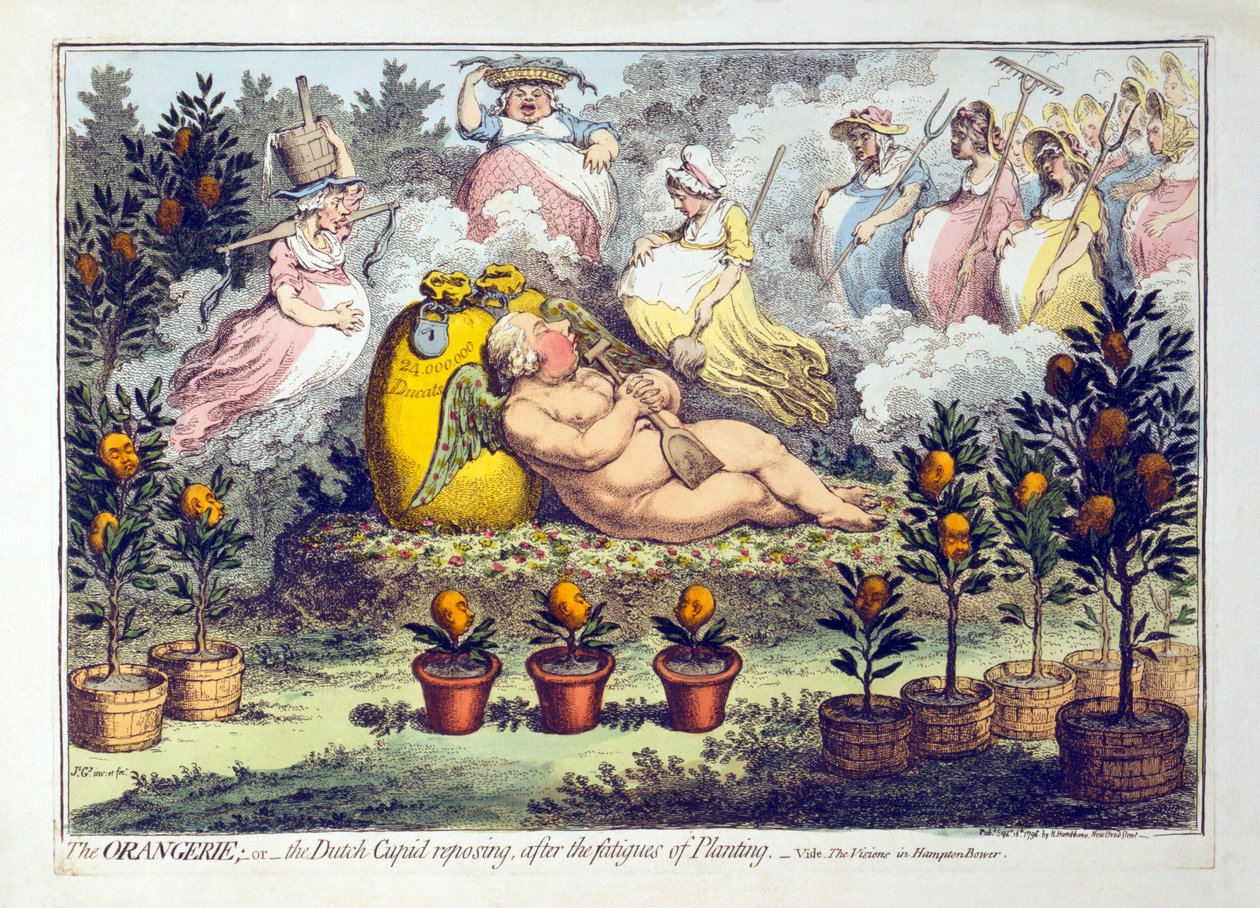 O Orangerie - ou - O cupido holandês repousando após o cansaço de Planting, publicado em 1796 (gravura colorida à mão) de James Gillray