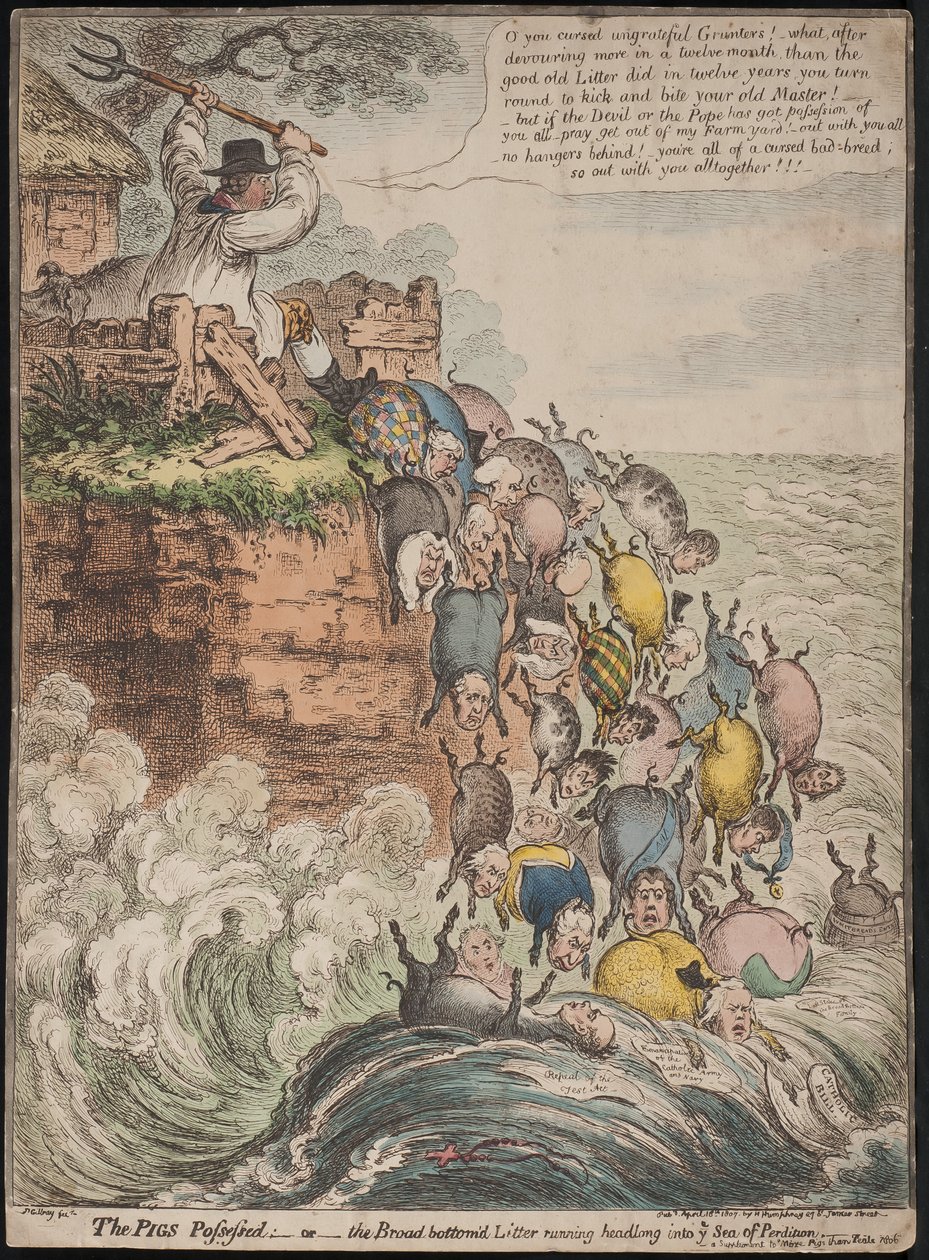 Os Porcos Possuidores, ou a Ladeira de Fundo Largo, correndo de cabeça no Mar da Perdição, 1807 de James Gillray
