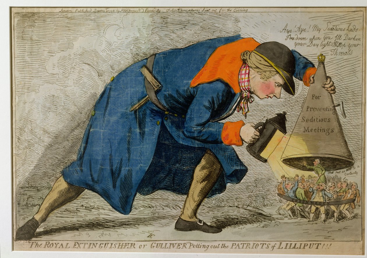 The Royal Extinguisher, ou Gulliver Colocando os Patriotas de Lilliput, publicado por SW Fores em 1795 (gravura colorida à mão) de James Gillray