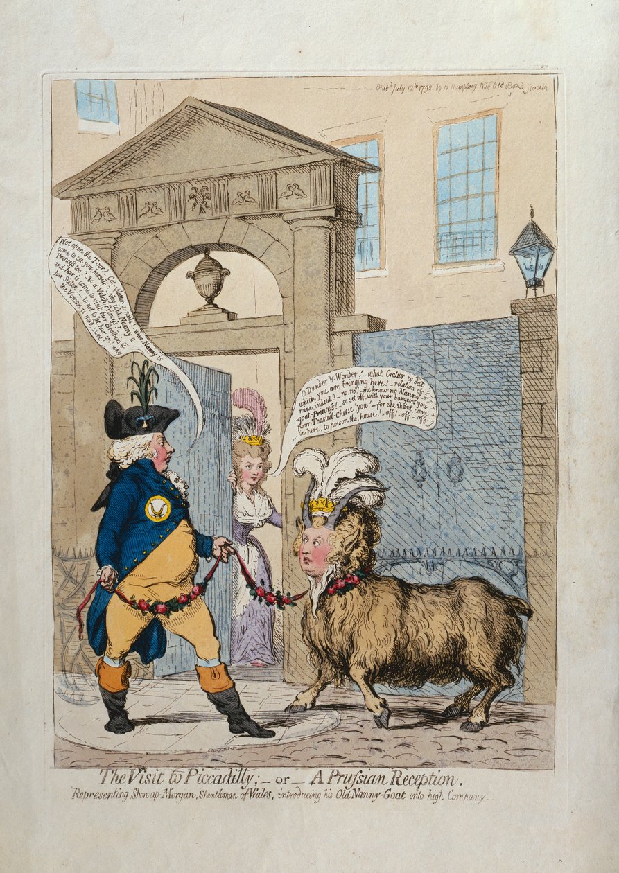 A visita a Piccadilly, ou Uma recepção prussiana, publicada por Hannah Humphrey em 1793 (gravura à mão colorida) de James Gillray
