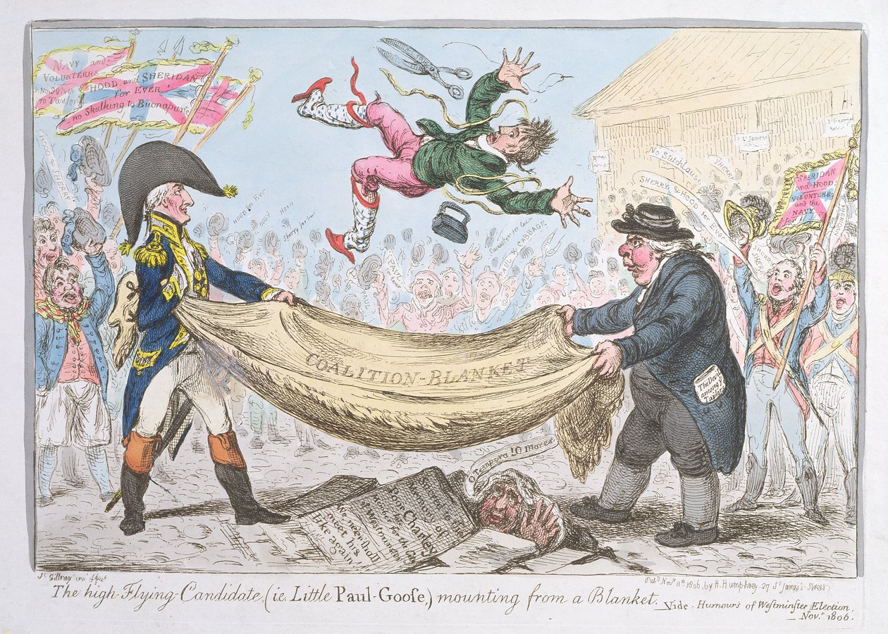 O alto candidato voador (isto é, Little Paul Goose) montado em um Blanket, publicado por Hannah Humphrey em 1806 (gravura à mão colorida) de James Gillray