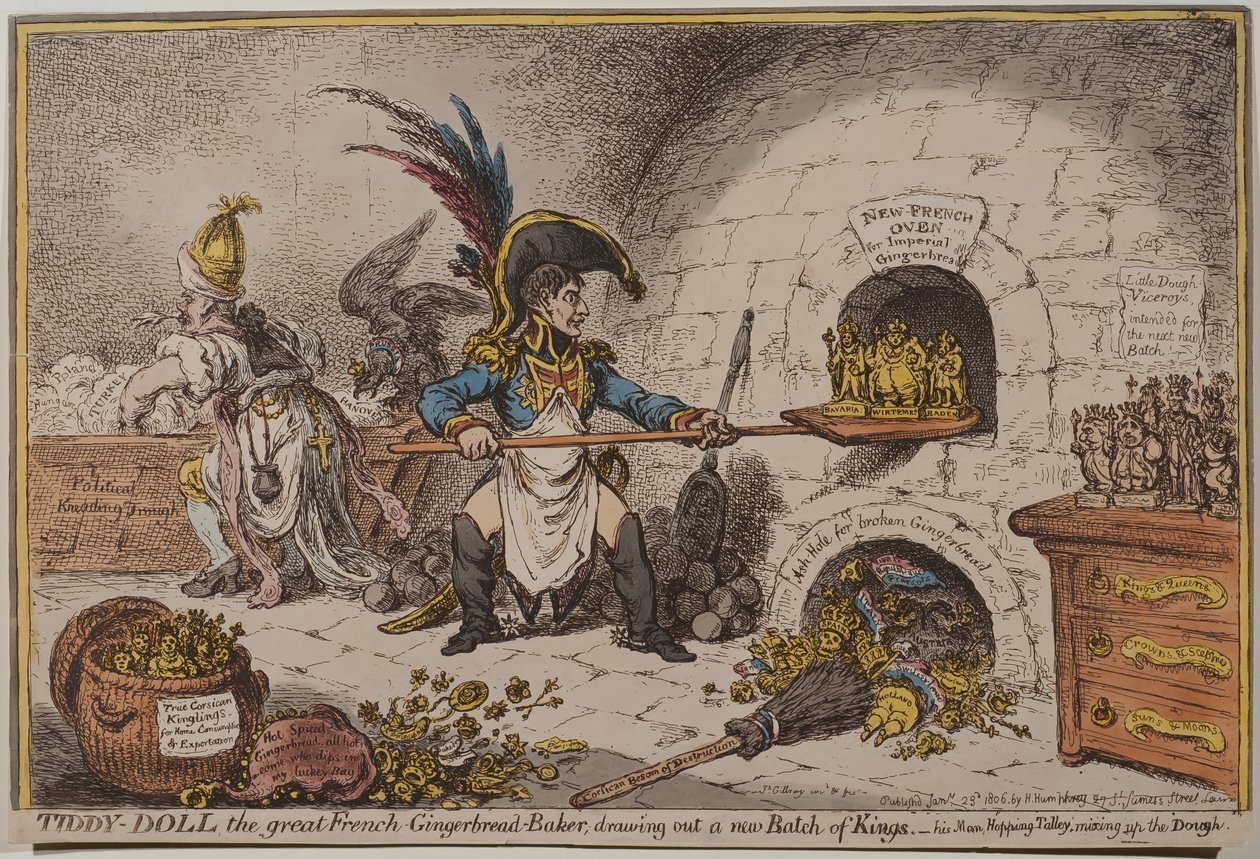 Tiddy-Doll, o grande francês Gingerbread-Baker, desenhando um novo lote de reis, 1806 de James Gillray
