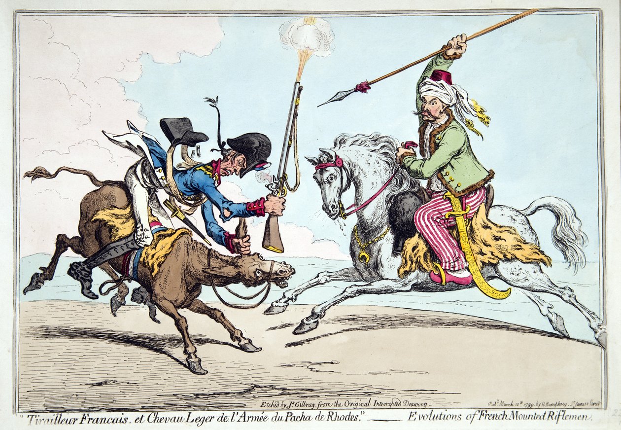 Tirailleur Francais et Chevau Leger de l&39;Armée du Pacha de Rodes, ou As Evoluções dos Fuzileiros Montados Franceses, publicado por Hannah Humphrey em 1799 (gravura à mão colorida) de James Gillray