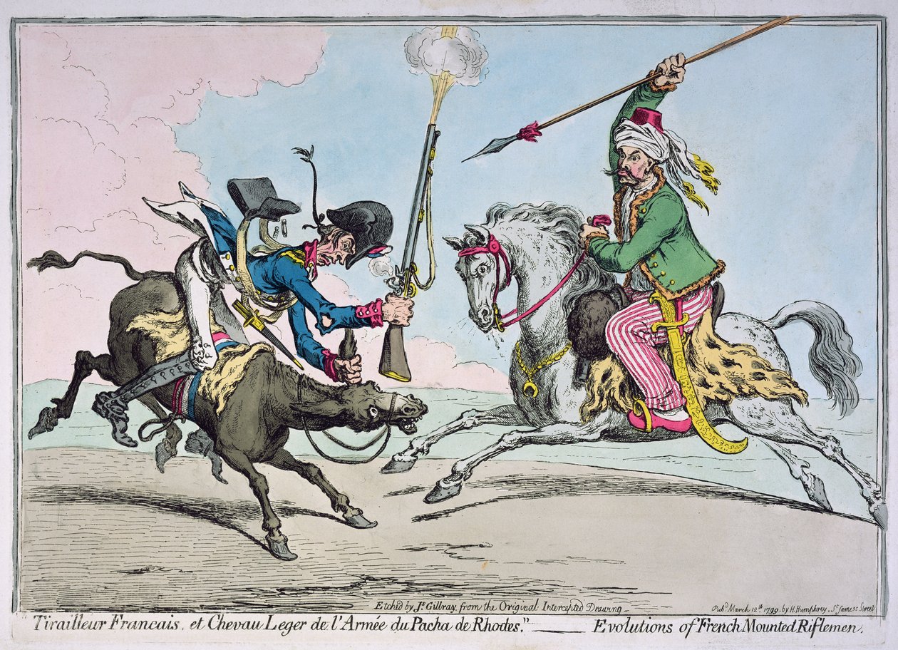 Tirailleur Francais e Light Horse do Exército de Pacha de Rodes, publicado por Hannah Humphrey, 1799 de James Gillray