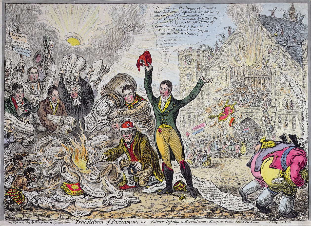 Verdadeira Reforma do Parlamento, isto é, os Patriotas acendendo uma Fogueira Revolucionária em New Palace Yard, publicado por Hannah Humphrey em 1809 (gravura à mão colorida) de James Gillray