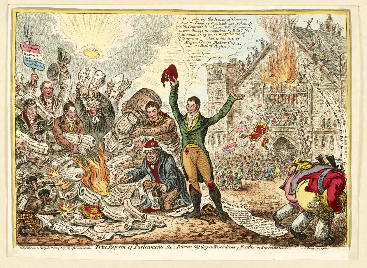 Verdadeira Reforma do Parlamento, isto é, os Patriotas acendendo uma Fogueira Revolucionária em New Palace Yard, pub. Hannah Humphrey, 1809 (gravura colorida à mão) de James Gillray