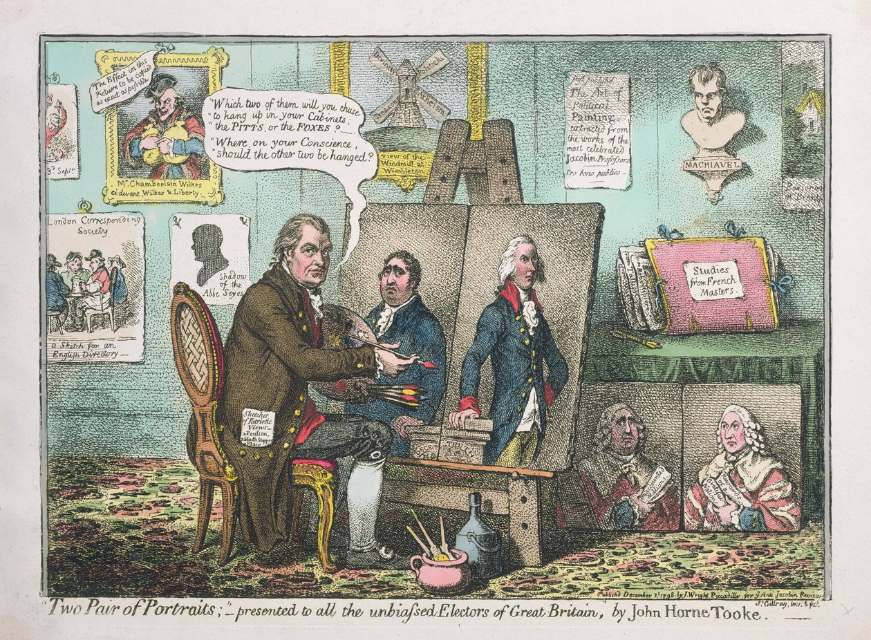 Dois pares de retratos, apresentado a todos os eleitores imparciais da Grã-Bretanha, por John Horne Tooke (1736-1812), publicado por J. Wright e inscrito &39;For ye Anti-Jacobin Review&39;, 1798 (gravura com e de James Gillray