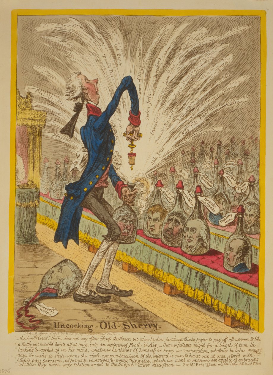 Uncorking Old Sherry, 1805 (gravura à mão colorida) de James Gillray